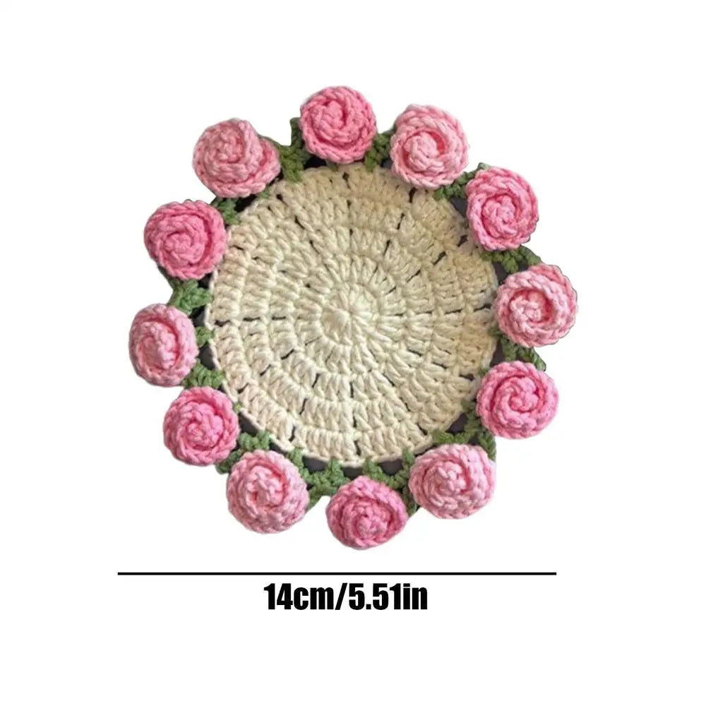 Knitting Coaster Handmade Knitting Romantic Coaster Aesthetic Soft Vintage Pad DIY Vintage Crochet Rose Bouquet Material Kit Oasis Select Pink