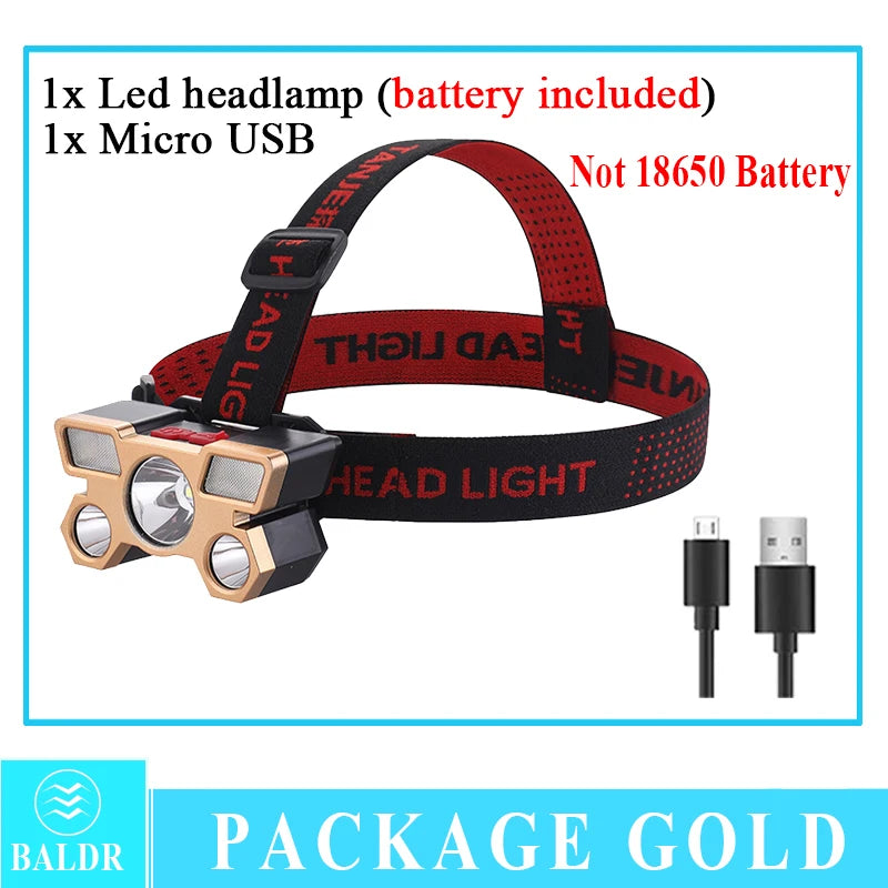 USB Rechargeable Led Five-Head Headlamp Super Bright 18650 Built-in Battery Headlight Portable Head Flashlight Fishing Lantern Oasis Select headlamp gold Built in battery UK