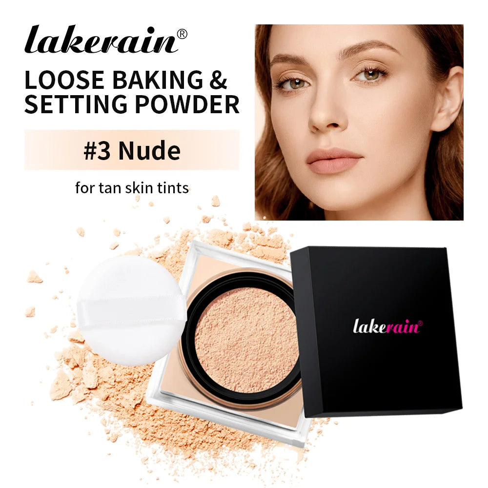 Waterproof Loose Baking&Setting Powder Long Lasting Oil Control Matte Setting Powder Natural Brightening Face Cosmetics Oasis Select 3Nude and puff