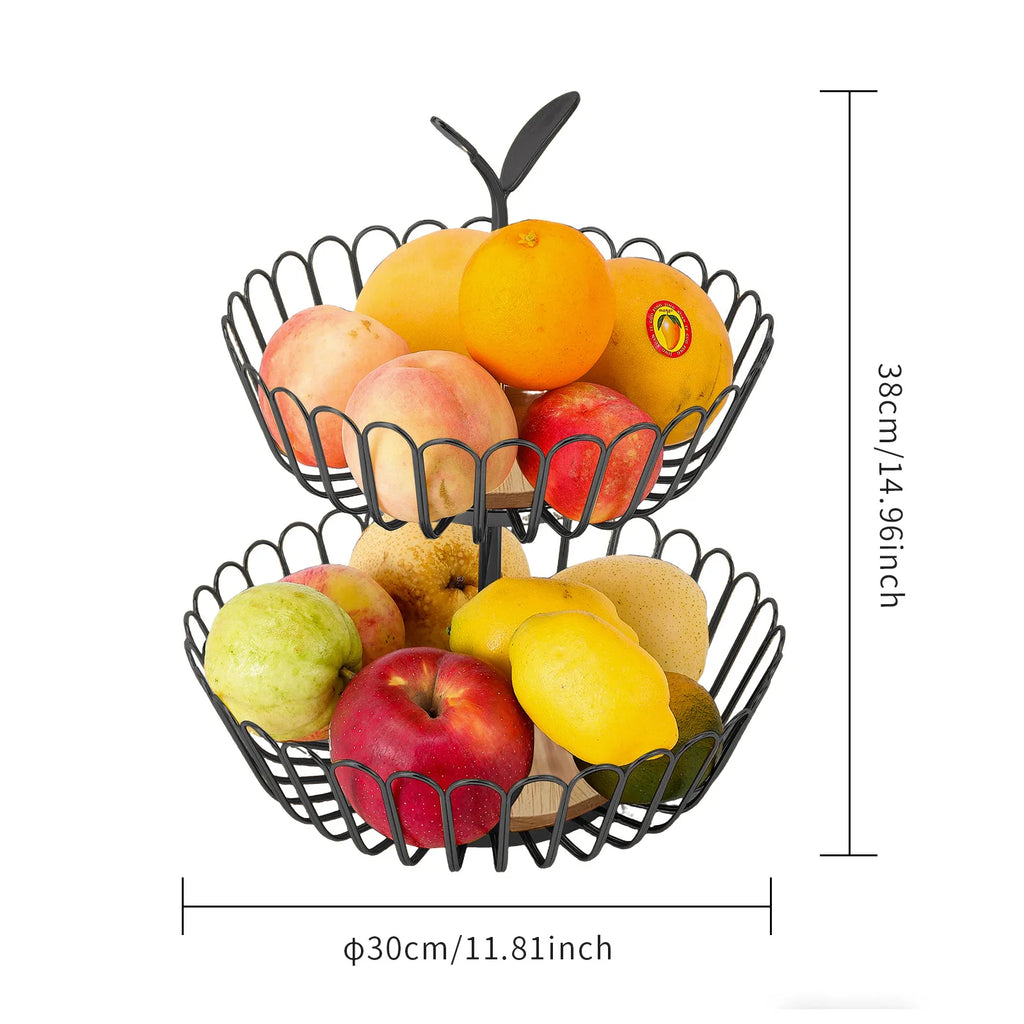 Kitchen double-layer fruit basket removable wooden bottom fruit plate hand basket living room wrought iron candy snack plate Oasis Select Black leaf bud