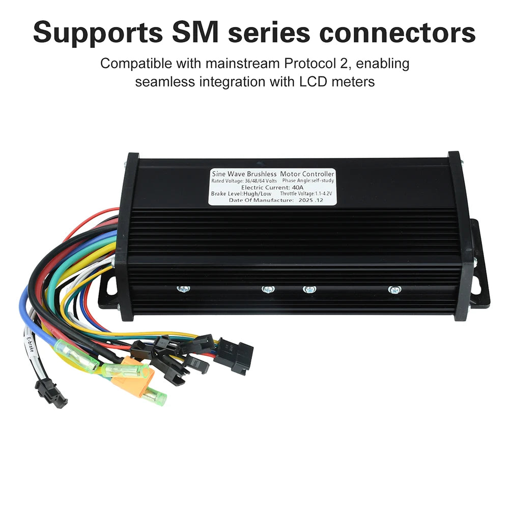 36V 48V 52V 60V 64V Sine Wave Brushless Motor Controller 1000W 2000W 40A For S866 V889 No. 2 protocol LCD Instrument E-bicycle Oasis Select