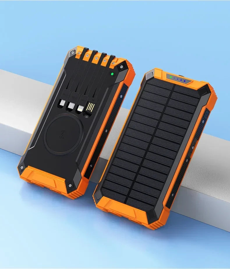 50000mAh Solar Power Bank – Wireless Charging & 4 Built-In Cables