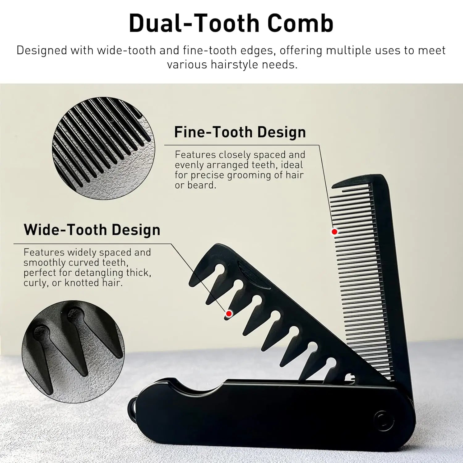 Mens Folding Pocket Comb 2 in 1 Fine Wide Tooth Portable Travel Hair Beard Grooming Kit Compact Black EDC Accessory Oasis Select