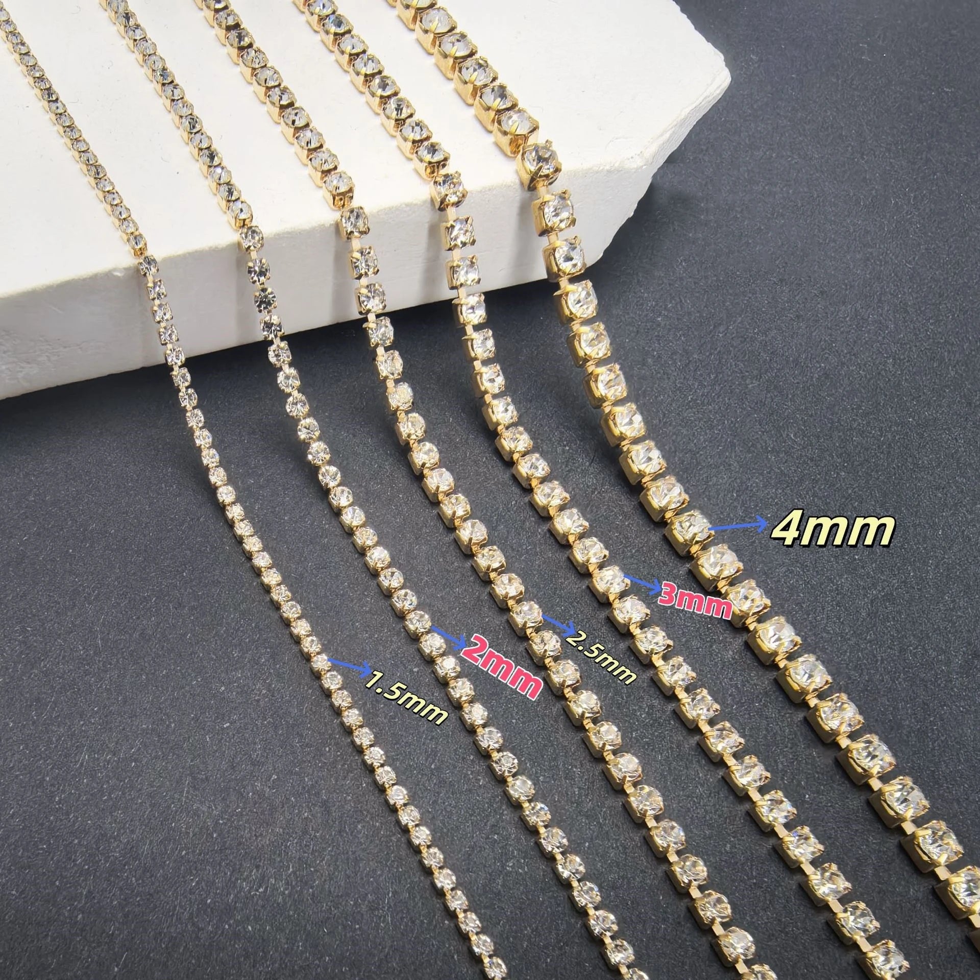 1meter 2/3/4mm Gold Crystal Rhinestone Close Chain Trim Cup Diamond Chain for Charms Sewing Craft DIY Decoration Jewelry Making Oasis Select KC Gold 4mm