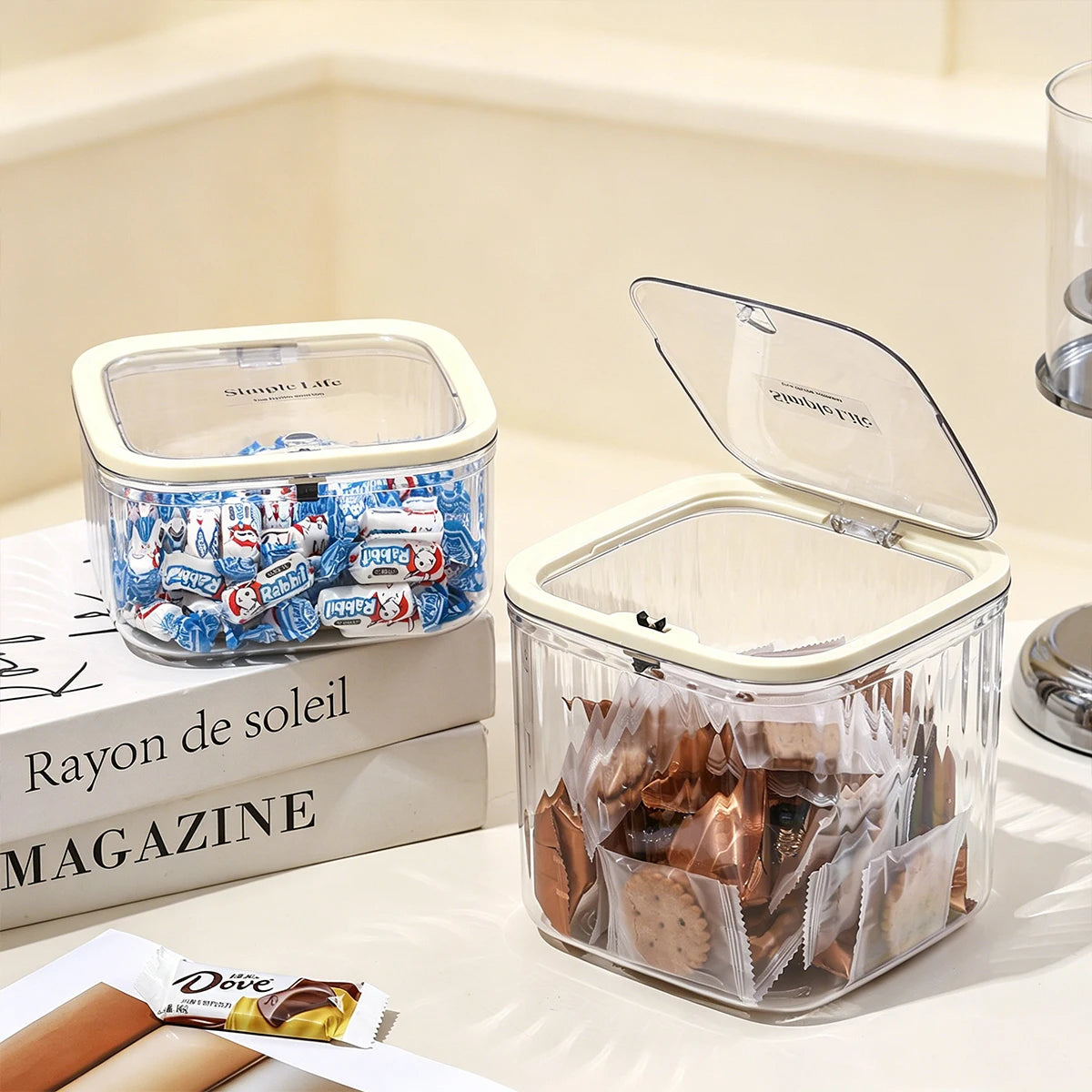 1pc transparent tape cover press type candy storage box stackable plastic snack organizer can home desktop storage box Oasis Select