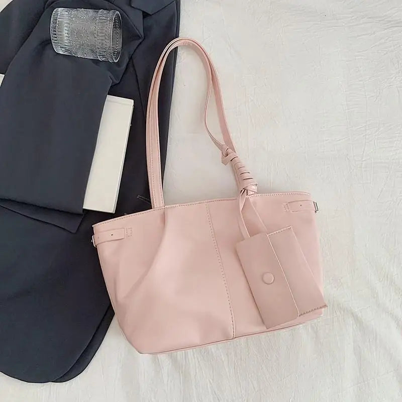 Korean Large Tote Bag with Coin Purse – PU Leather Shoulder Bag