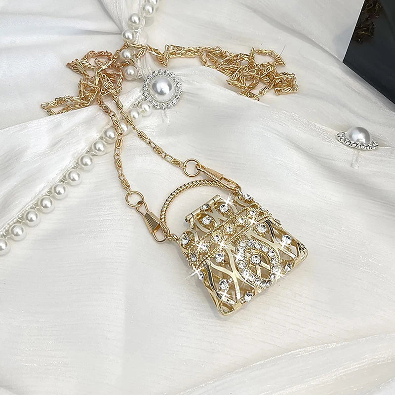 Gold Silver Rhinestone Mini Bag Women's Single Shoulder Crossbody Chain Bag Handbag Body Decoration Metal Hollow Shell Bag Oasis Select Gold