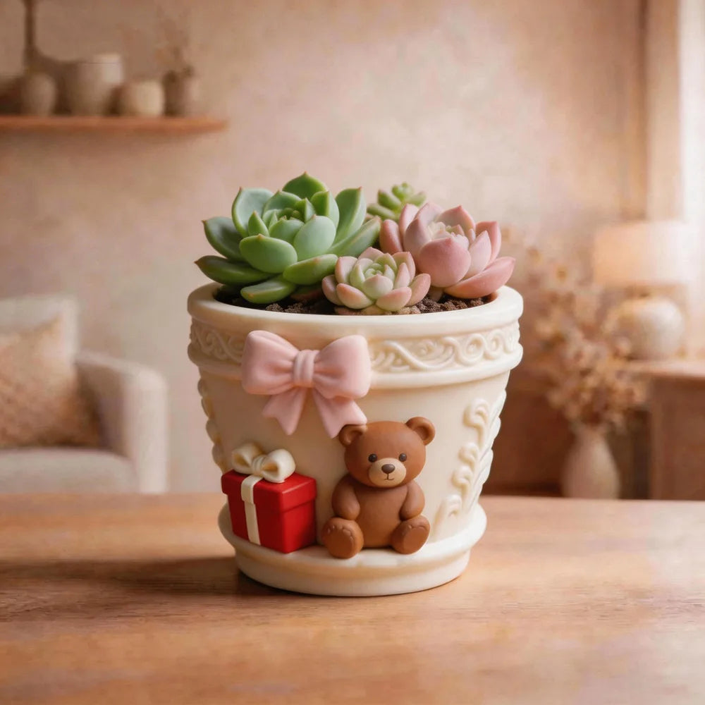 Cartoon Bear Scented Candle Cup Silicone Mold Cute Bear Bow Plaster Succulent Flower Pot Mold Oasis Select