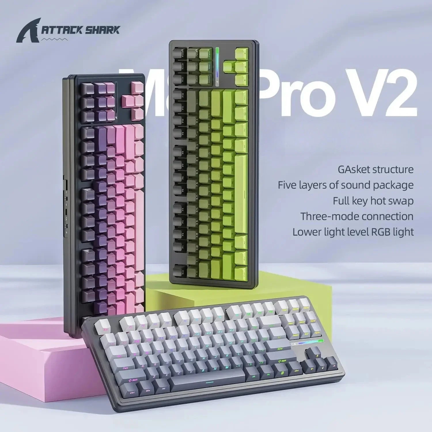 ATTACK SHARK M87Pro V2 Wireless Mechanical Keyboard - Tri-Mode (BT/2.4G/USB-C) Hot-Swappable TKL, 5000mAh RGB Backlit Oasis Select