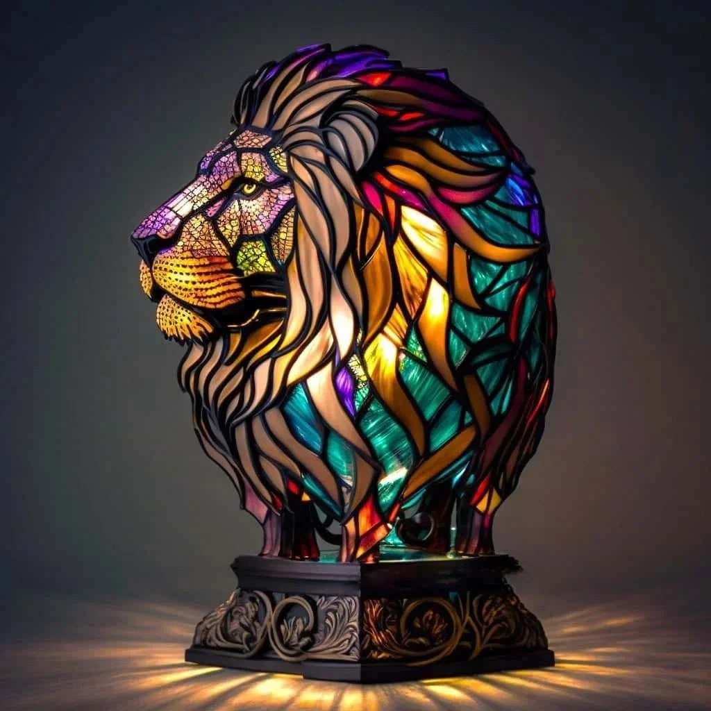 Resin Stained Glass Animal Table Light Night Light Owl Horse Rooster Elephant Table Lamp for Living Room Home Bedroom Decoration Oasis Select Lion