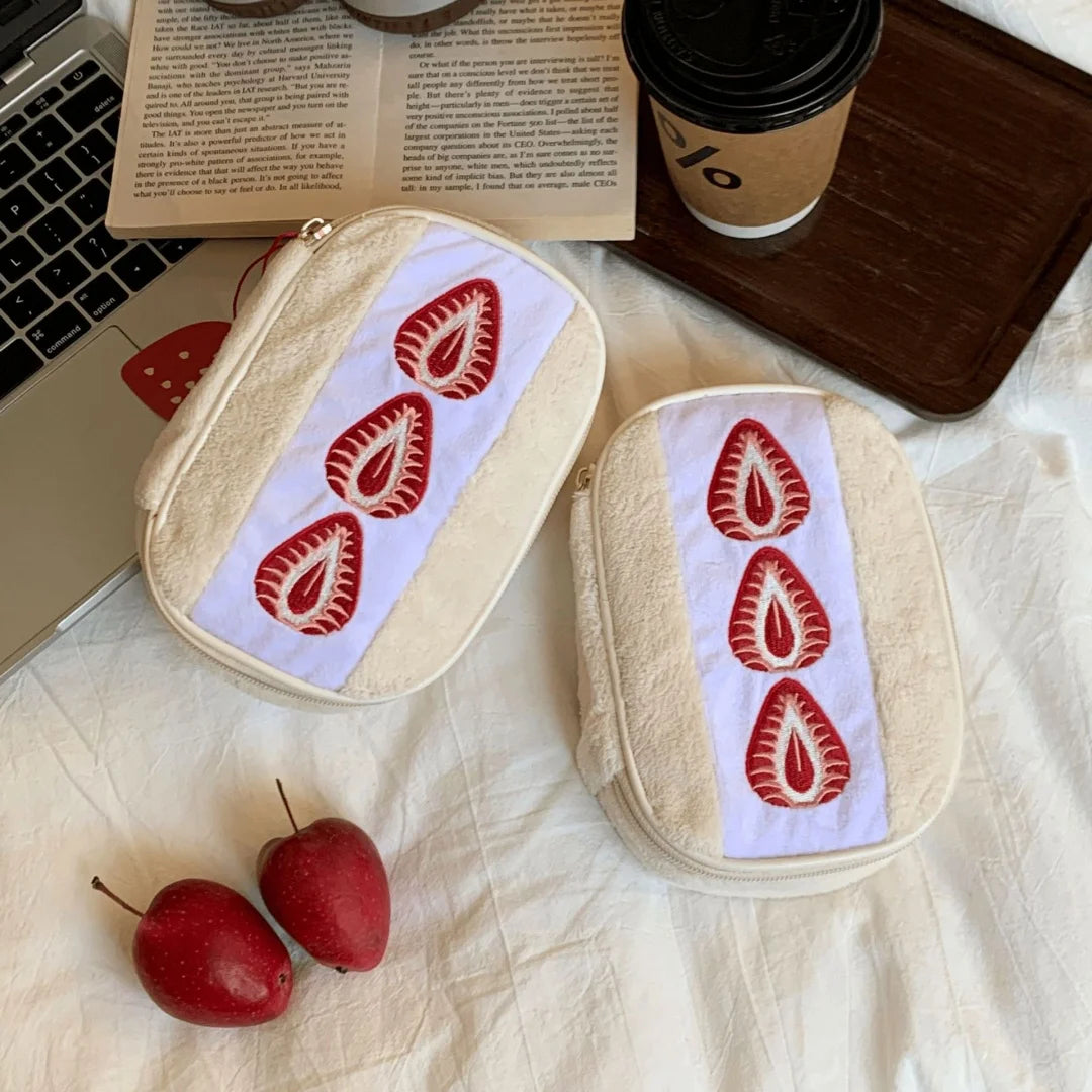 Cute Embroidered Strawberry Pencil Case Portable Stationery Pen Box Multi Functional Large Capacity Makeup Bag Storage Bag Oasis Select