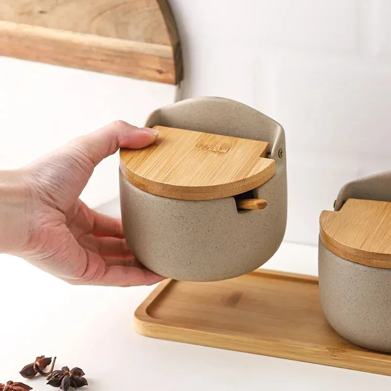 1pcs Ceramic Spice Jar with Bamboo Lid Spoon Japanese Style Seasoning Canister Salt Sugar Storage Container Kitchen Household Oasis Select