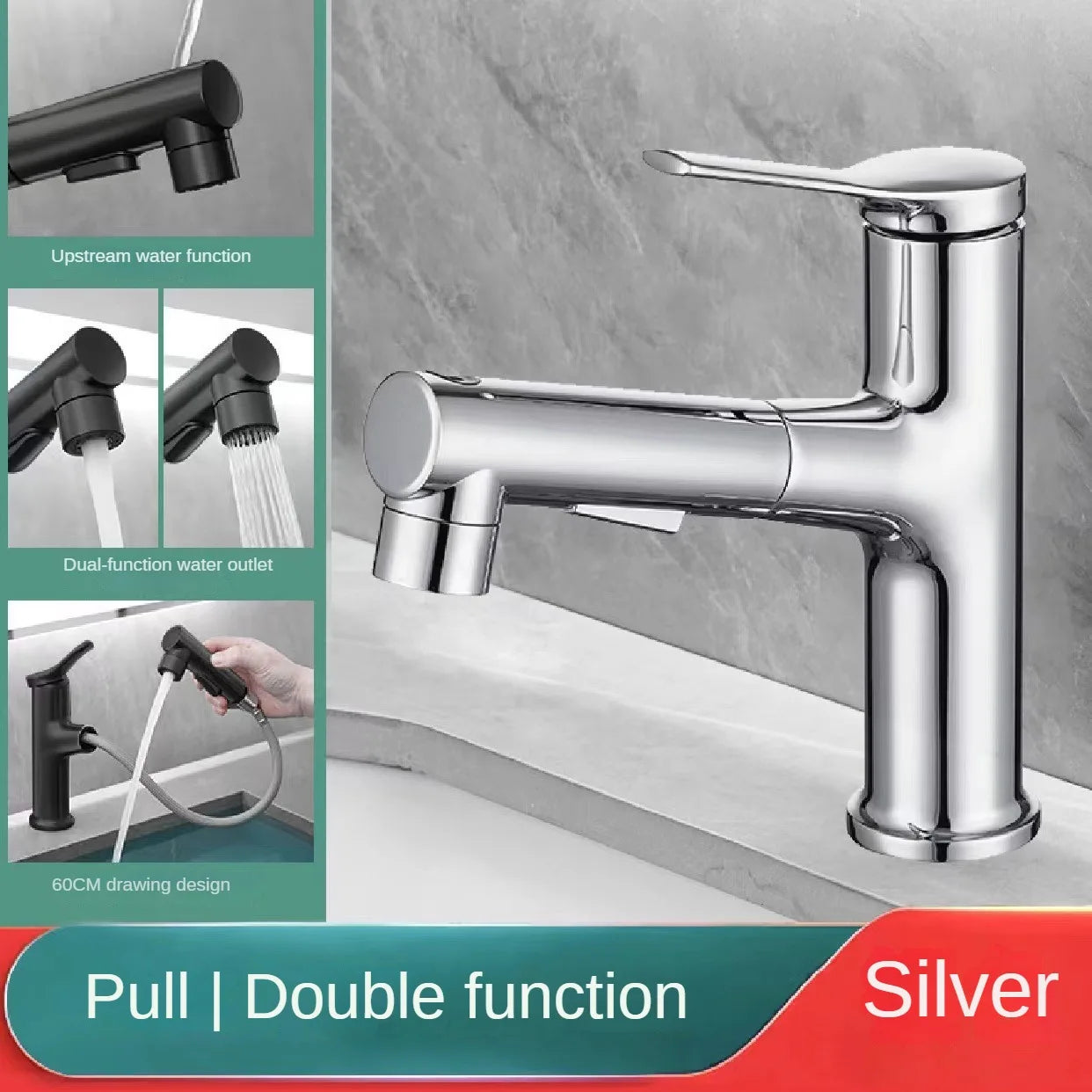 3 Patterns Bathroom Pull Out Taps Faucet with Pull Down Spray Swivel Spout Faucet Bathroom Sink Single Hole Pull Out Faucet Oasis Select Silver