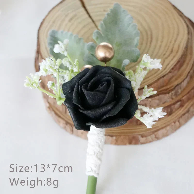 Boutonnieres Flowers Artificial White Roses Silk Ivory Corsage Buttonhole Groomsmen Boutonniere for Men Wedding Accessories Oasis Select Black