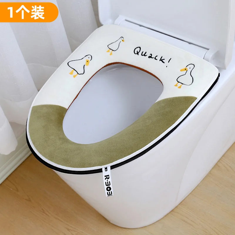 Cute Embroidery Toilet Seat Cover With Zipper Soft Warmer Washable Toilet Mat Cover Pad Cushion WC Ring Mat Bathroom Aceesories Oasis Select green