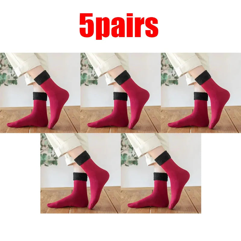 1/3/5pairs Women'S Velvet Thick Floor Socks Home Sleeping Socks Winter Warm Soft Warm Plush Sock Girls Solid Color Velvet Socks Oasis Select red 5