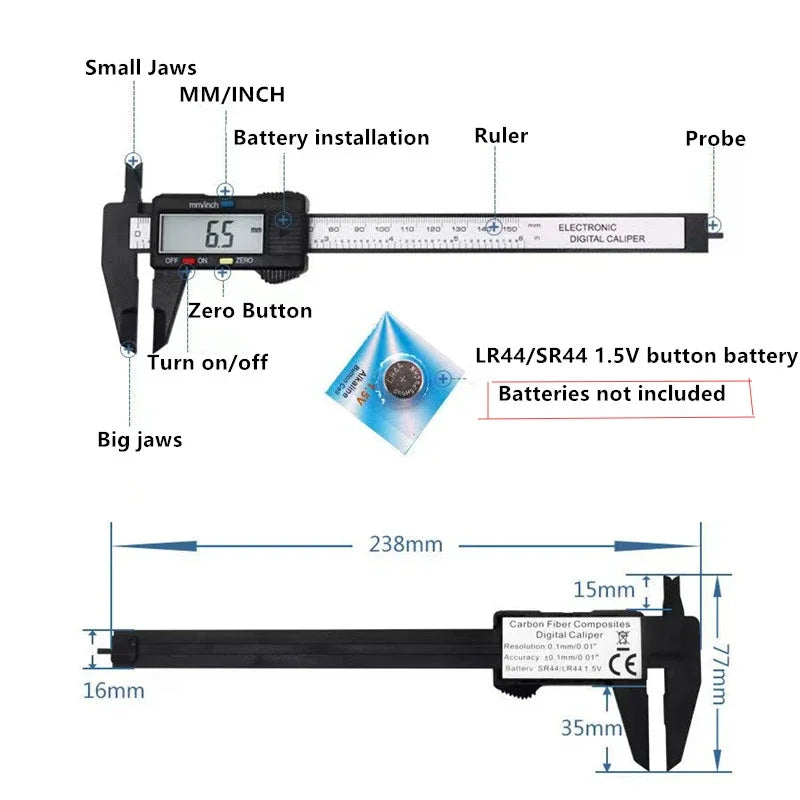 150mm Electronic Digital Caliper Carbon Fiber Dial Vernier Caliper Gauge Micrometer Measuring Tool Digital Ruler Plastic Caliper Oasis Select