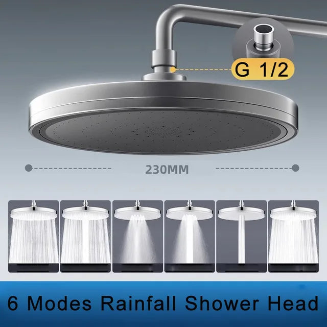 New 6 Modes Big Panel Large Flow Supercharge Rainfall Shower Head High Pressure Top Rain Shower Faucet Bathroom Accessories Oasis Select Gun Grey