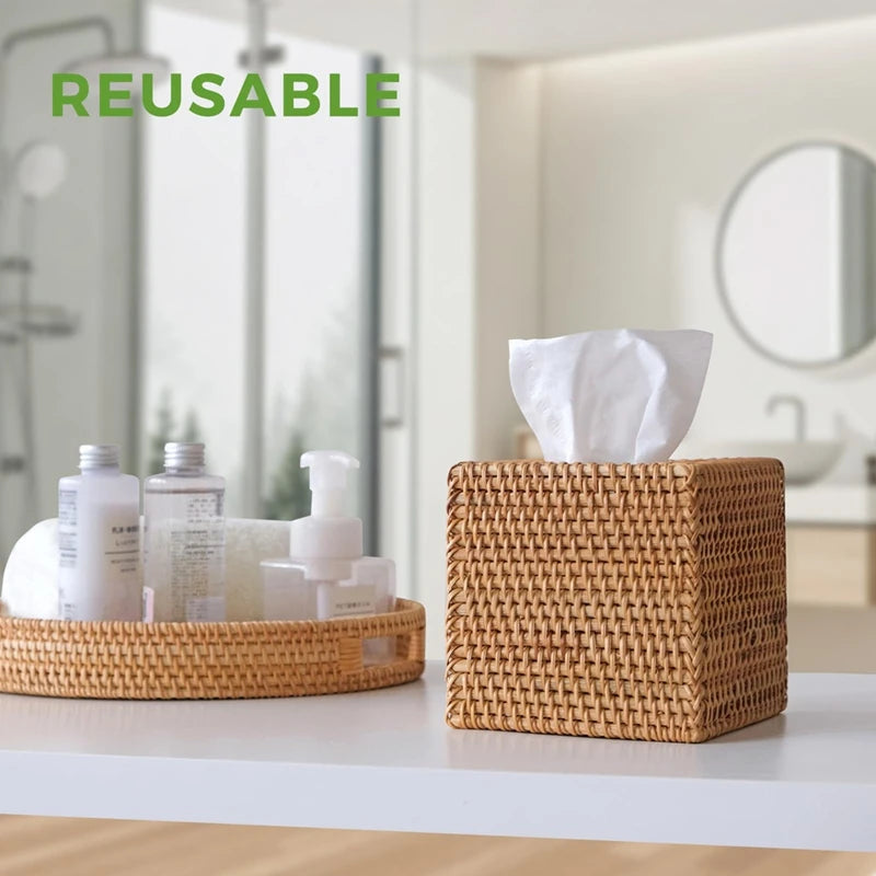 WISH Rattan Tissue Box Cover, Hand Woven Square Wicker Holder For Facial Tissues, For Bathroom Living Room, Tissue Holders Oasis Select