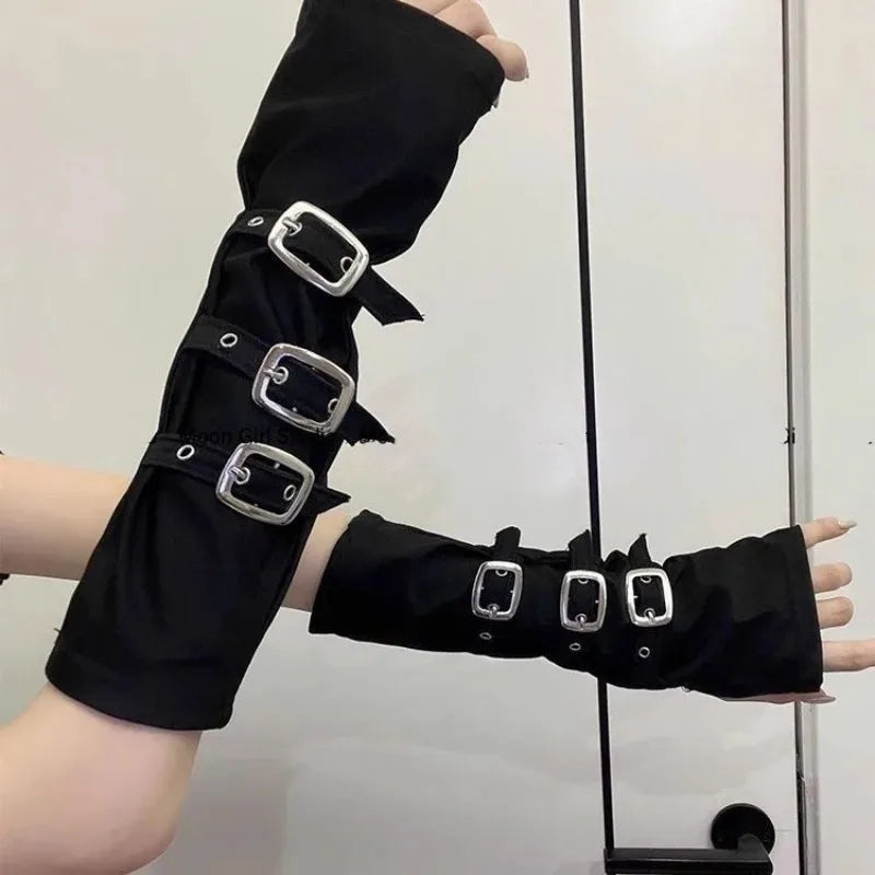 Wasteland Style Fashion Dopamine Black Abi Sleeve Set Women's Half Cut Open Finger Gloves Metal Buckle Dark Punk Ins Oasis Select