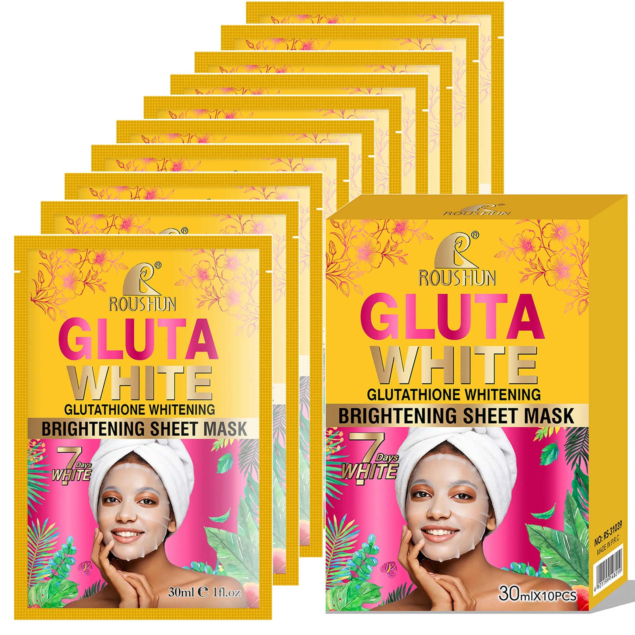 ROUSHUN Gluta White Facial Sheet Mask – Moisturizing, 10 Pcs