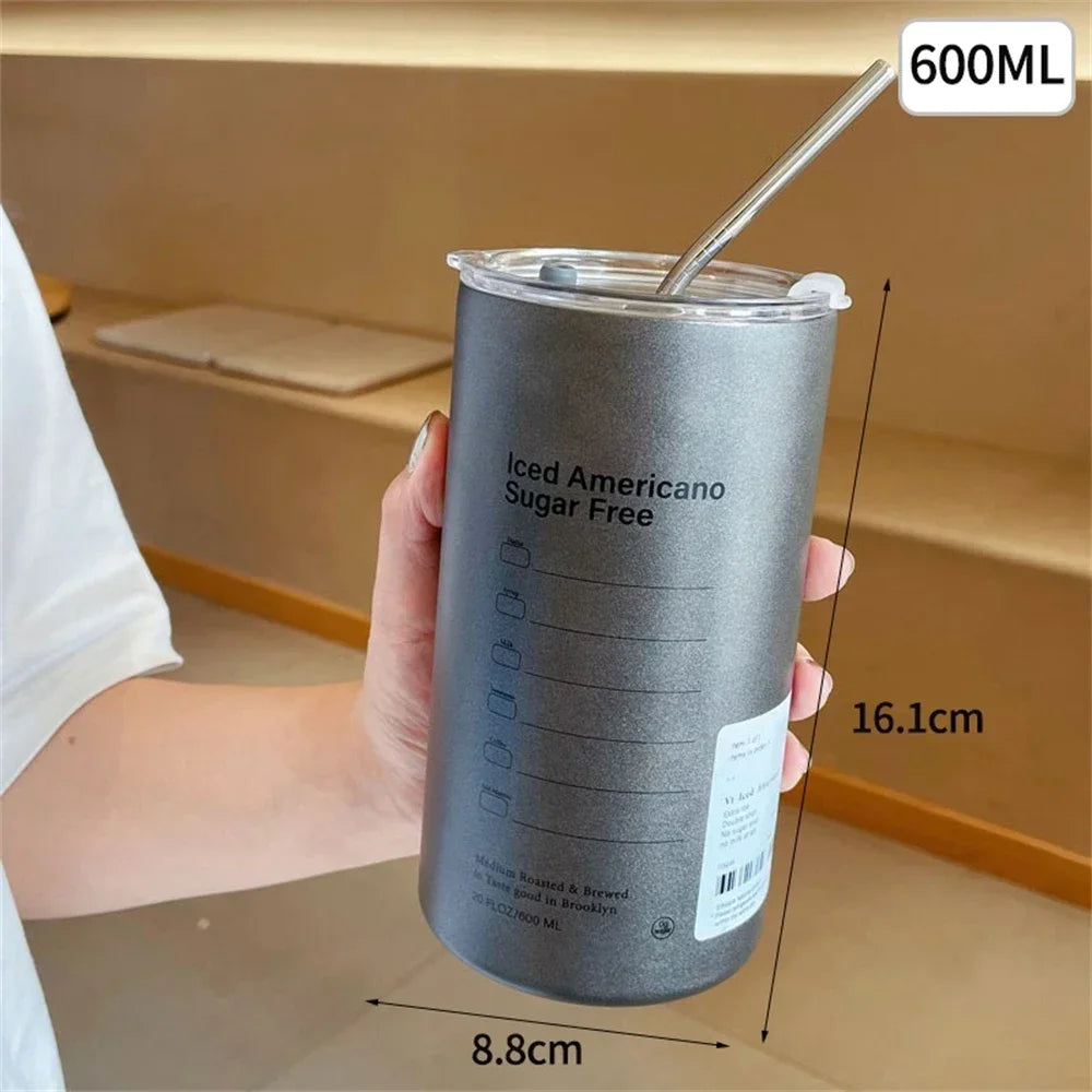 Portable 600ml Thermos Cup 304 Stainless Steel Coffee Mug Thermal Leak-proof Water Bottle with Straw Insulated Bottle Drinkware Oasis Select grey 600ml