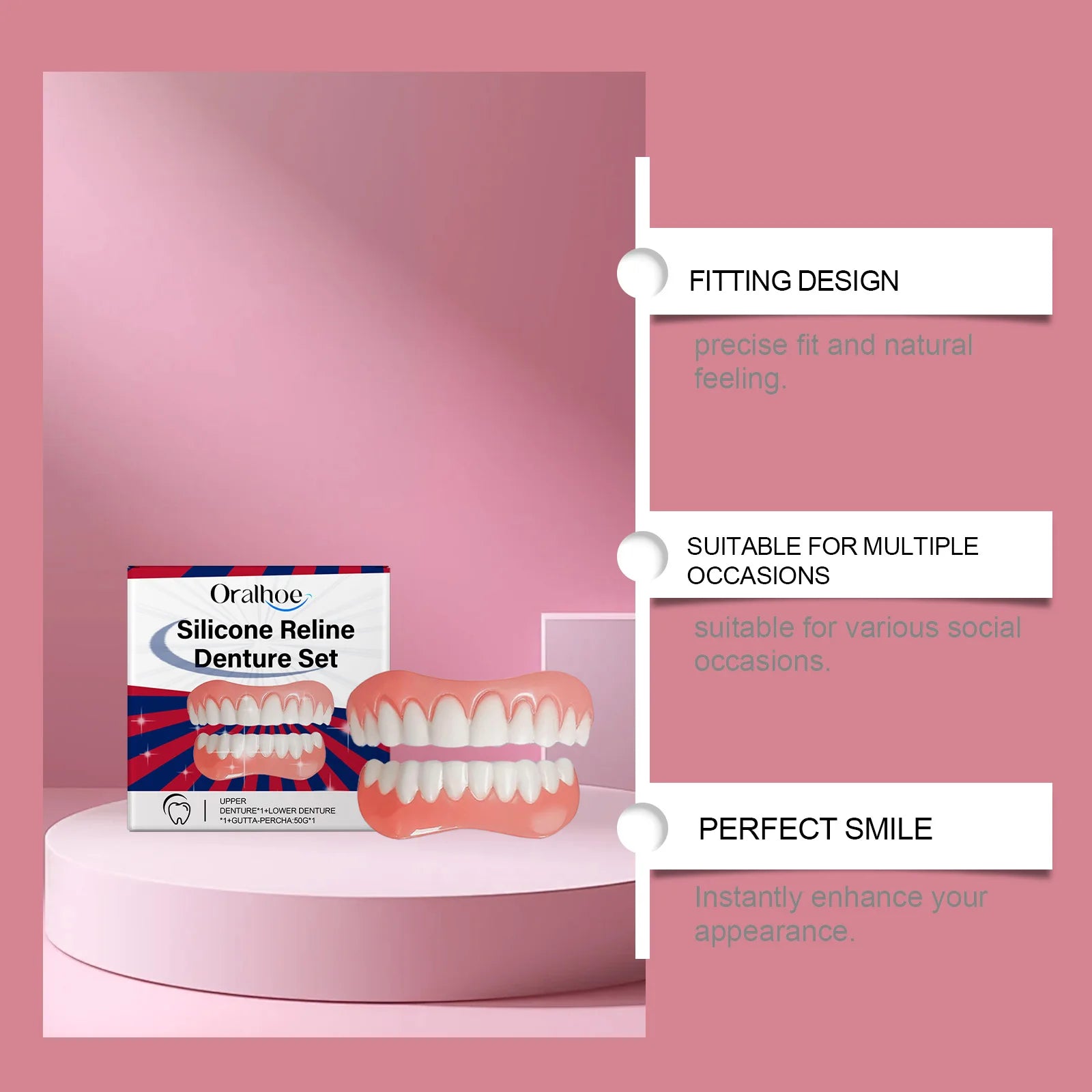 Silicone Denture Set Upper Lower Veneers False Teeth Braces Adjustable Perfect Smile Soft Comfortable Teeth Orthodontic Adults Oasis Select
