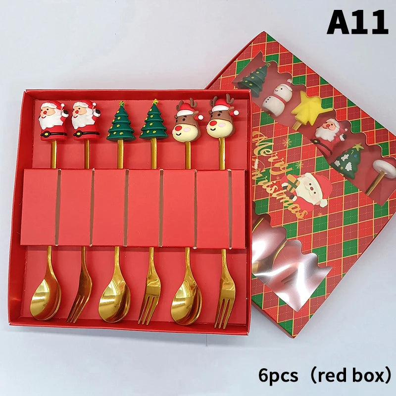 Stainless Steel Christmas Dessert Spoons Cake Forks with Cartoon Christmas Tree Elk Design - Set of 1/2/4/6 - Gift Box Included Oasis Select A11