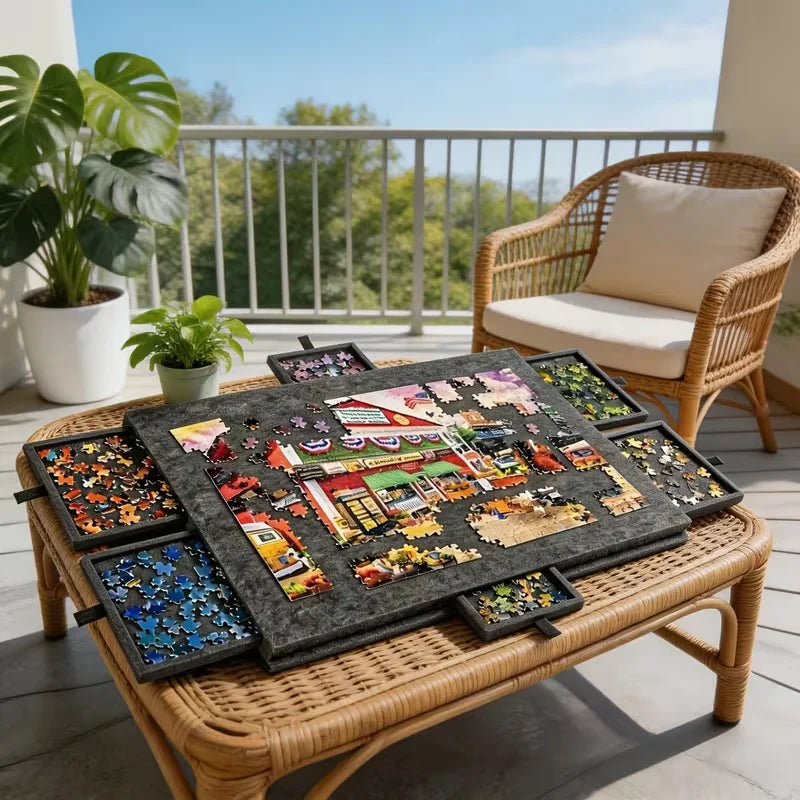 6-Drawer 1500pcs Jigsaw Puzzle Table, Felt Board with 6pcs Drawers, Tilting 2-in-1 Stand & Cover, Lightweight Portable for Gift Oasis Select