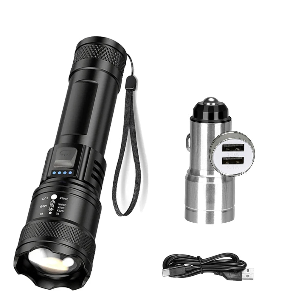Super Bright LED Flashlight Type-C Rechargeable Long Range Tactical Torch Outdoor Waterproof Emergency Camping Fishing Lantern Oasis Select with car charge