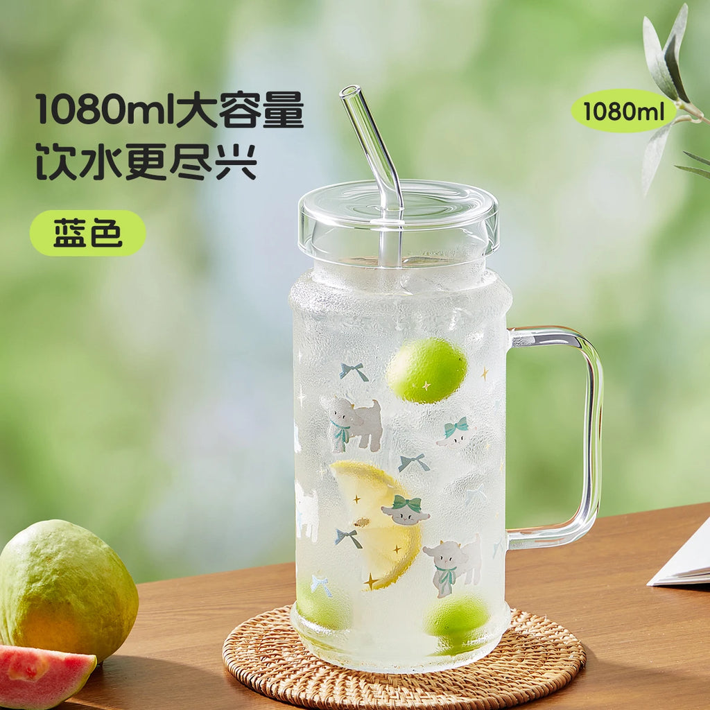 1080ml Large Capacity Straw Cup Glass Tumbler with Lid - Iced Coffee Cup, Reusable Drinking Cup for Coffee, Tea, Iced Americano Oasis Select Blue
