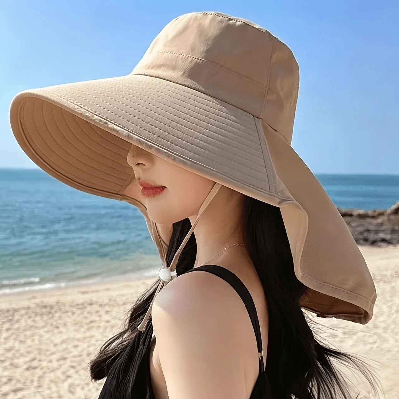 Women's Wide Brim Sun Hat Neck Protection Foldable Breathable Bucket Hat Outdoor Summer UV Protection Beach Cap Oasis Select Khaki