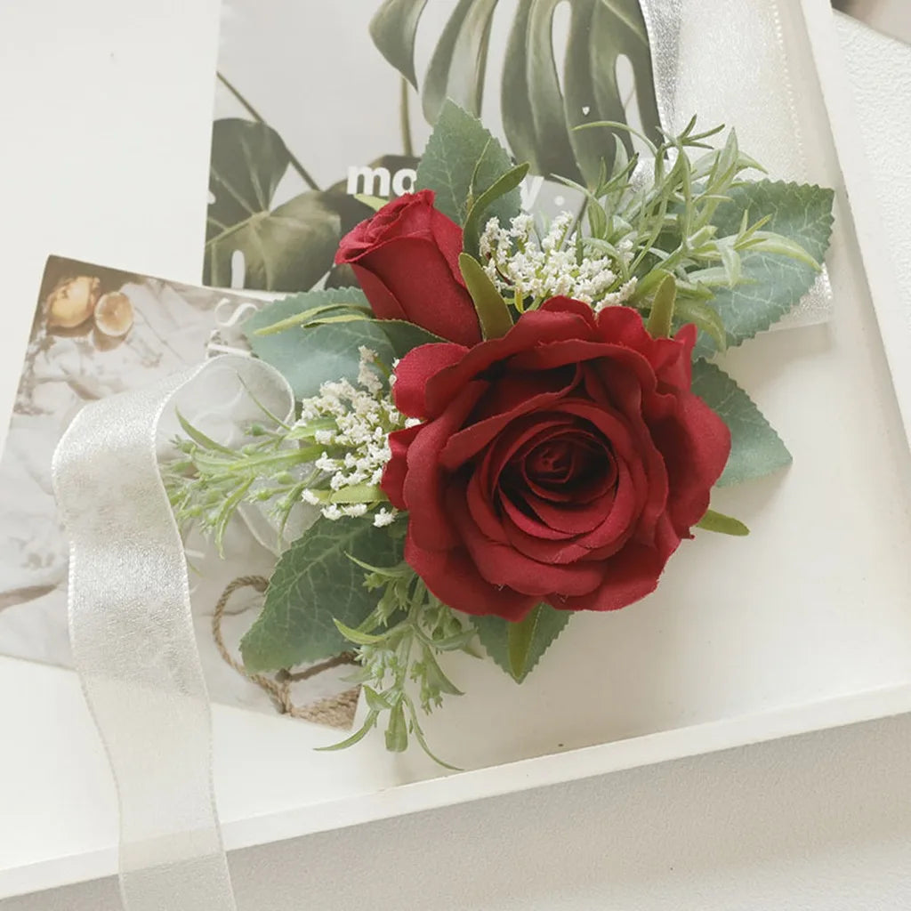 Wedding Artifical Flowers Silk Rose Boutonniere Ribbion Wrist Corsage Botonier Para Novio Boda Oasis Select Wine Red-Wrist Flowe