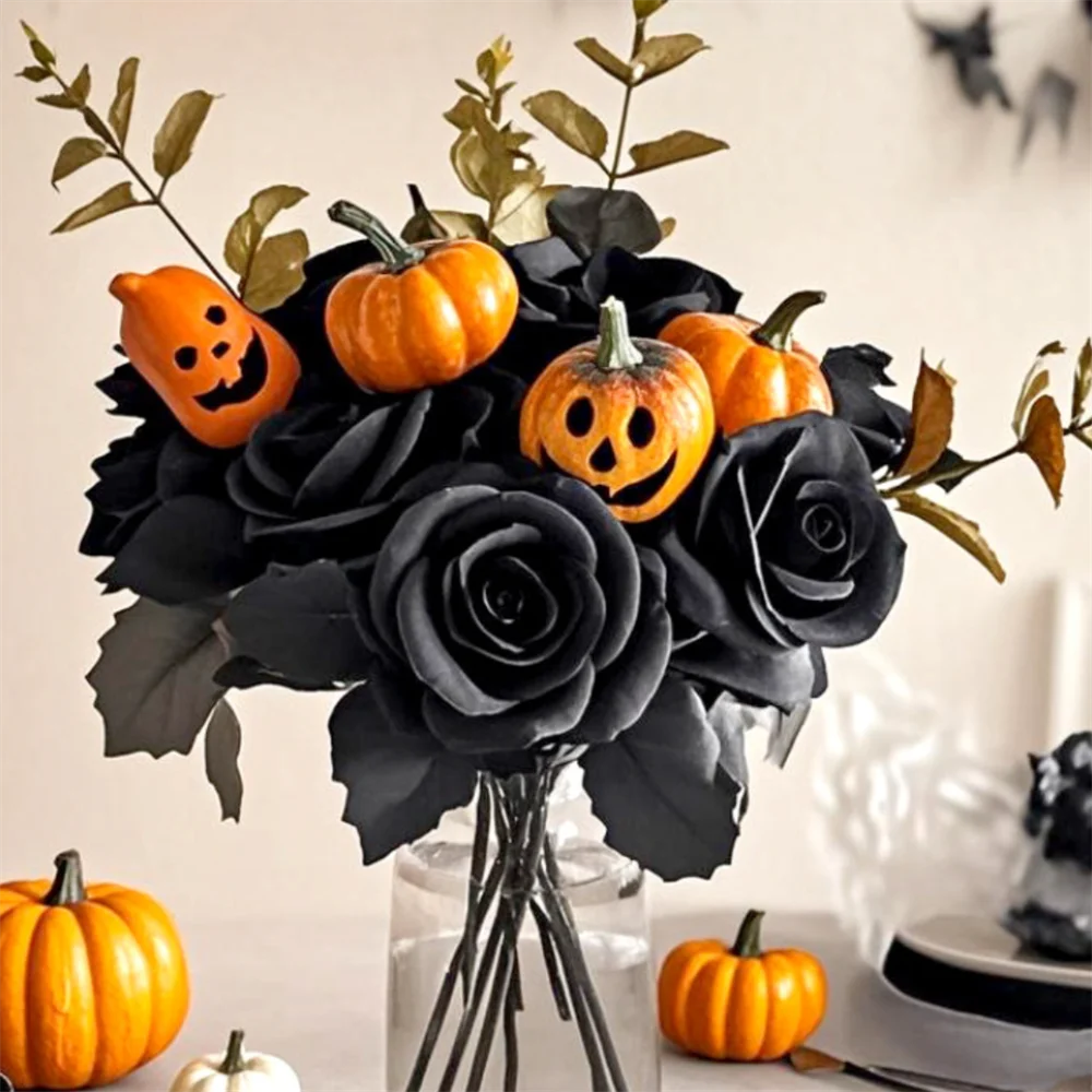 Halloween Black Artificial Rose Flowers Dark Horror Gothic Black Simulated Flower Bouquet for Home Wedding Party Halloween Decor Oasis Select
