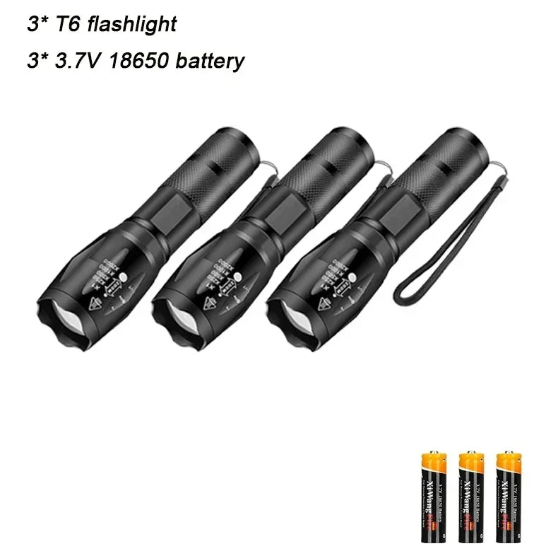 High Power T6 LED Flashlights Camping Torch 5 Light Modes Zoom Light Aluminum Alloys Waterproof Material External 18650 Battery Oasis Select 3pcs-18650 battery