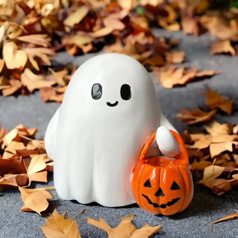 Indoor Outdoor Cute Ghost Statue Holding Pumpkin Statue Resin Halloween Home Decorations for Living Room Bedroom Garden Oasis Select