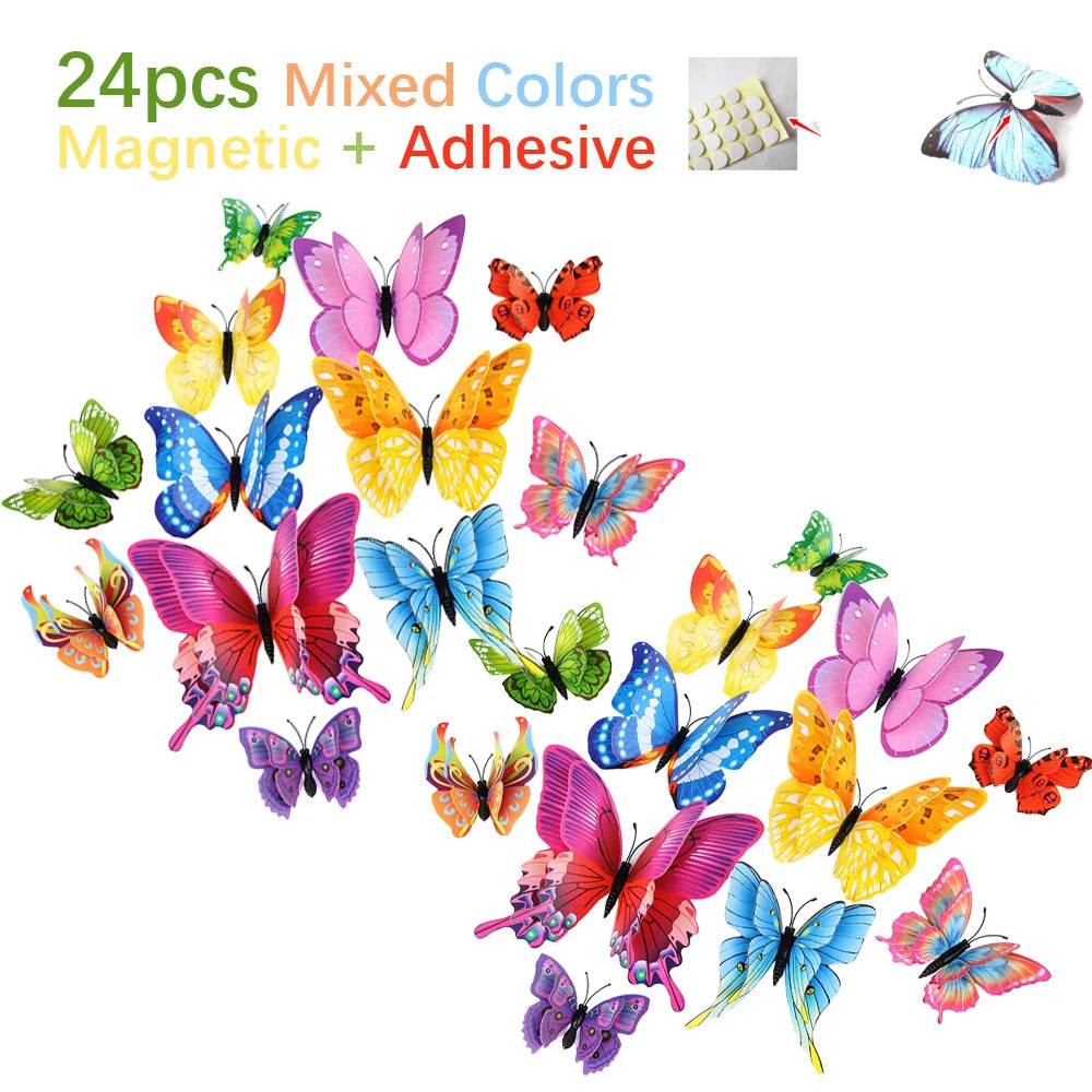 New 12/24pcs 3D Butterfly Wall Stickers Home Christmas Wedding Decoration Photography Props Magnetic Refrigerator Magnets Oasis Select 24pcs Mixed Magnetic