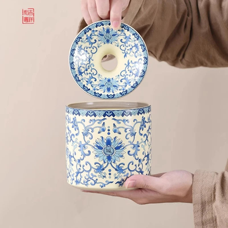 Blue and White Ru Kiln Wrapped Lotus Ashtray with Cover Fly Ash Proof Ashtray Ceramic Tea Residue Jar Tea Ceremony Accessories Oasis Select