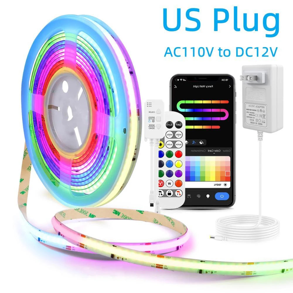 Smart Colorful COB LED Stirp with Tuya Controller 12V RGBIC APP Control DIY Segmented Control Color Game Room Night Ambinet Lamp Oasis Select 5M USA Power Plug