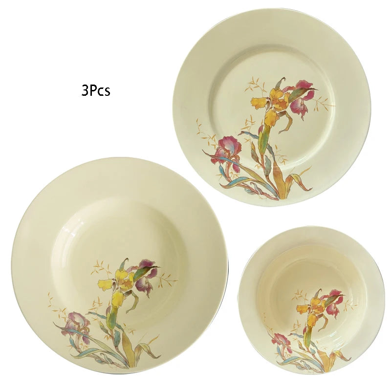 Ceramic Dinner Plate Set French Iris Dessert Bowl Dishes Soup Plate Breakfast Flat Plate Home Kitchen Gourmet Container Oasis Select Set