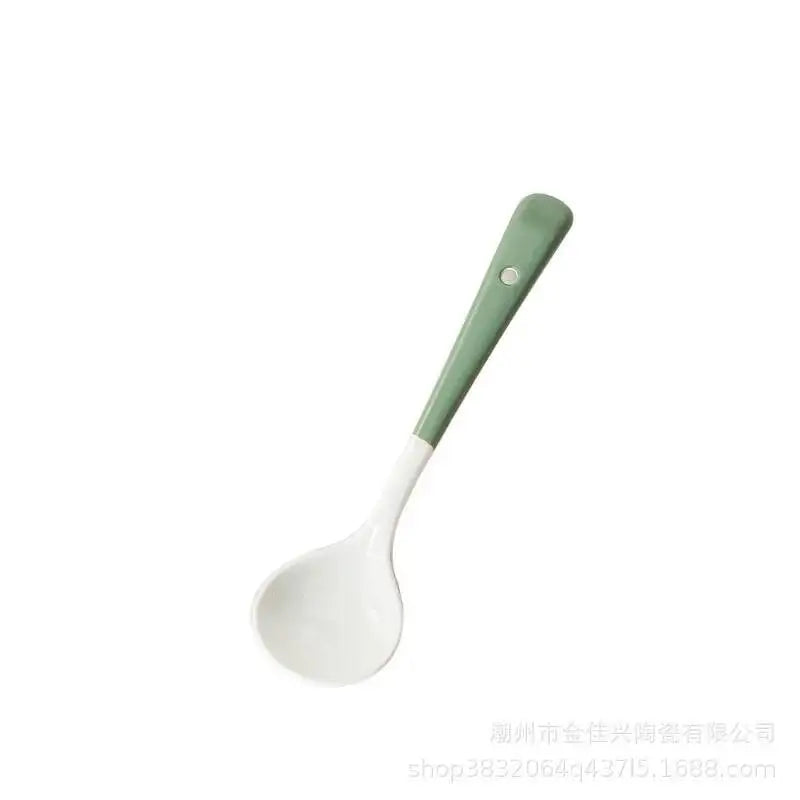 Ceramic Western Creative Spoon Dessert Coffee Stirring Spoon Children's Eating Small Round Spoon Household Kitchen Tablewear Oasis Select Two-color - Green