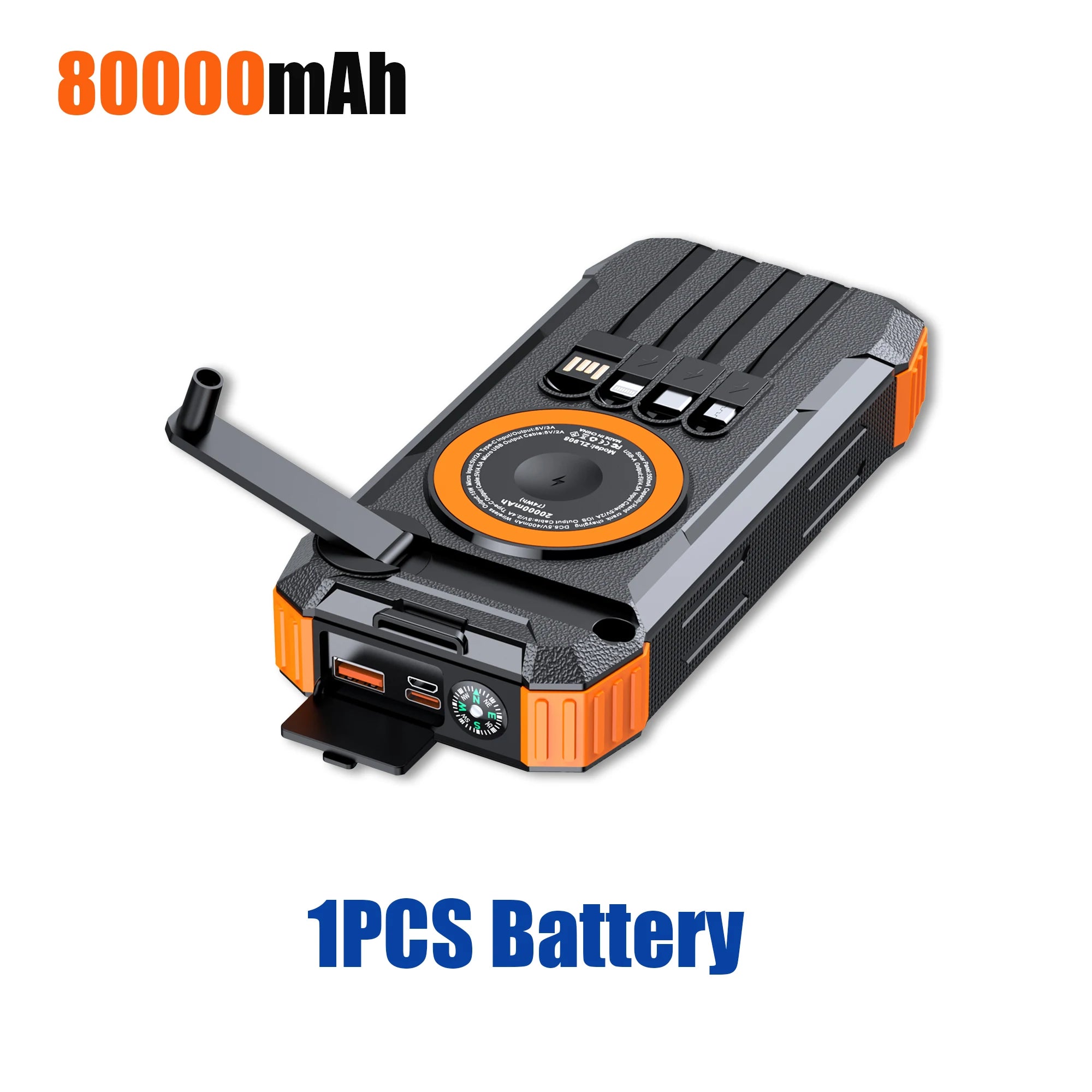 Hand Crank Solar Power Bank 80000mAh 22.5W Magnetic Wireless Fast Charging with Light & Compass for iPhone iWatch Airpods Oasis Select 1 pcs Battery