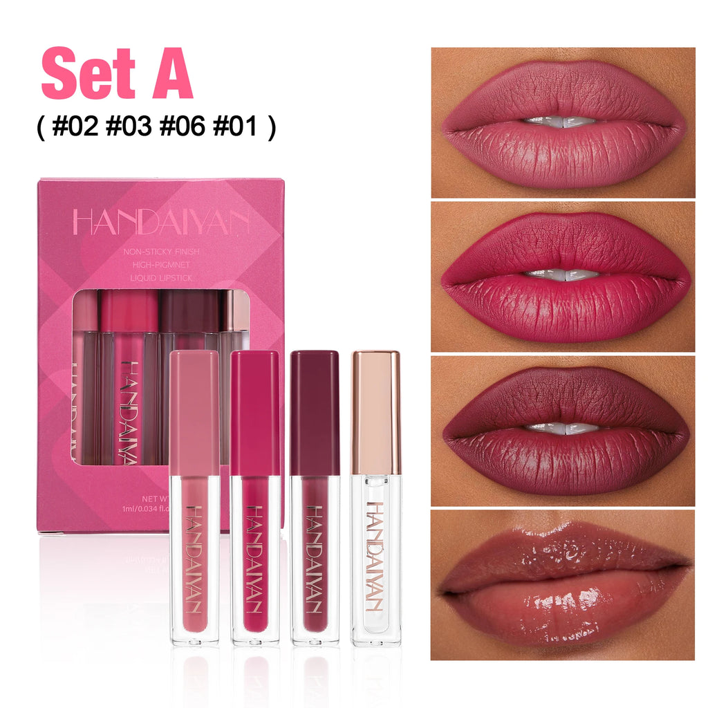 Handaiyan 4pc Velvet Liquid Lipstick Set – Waterproof Lip Gloss