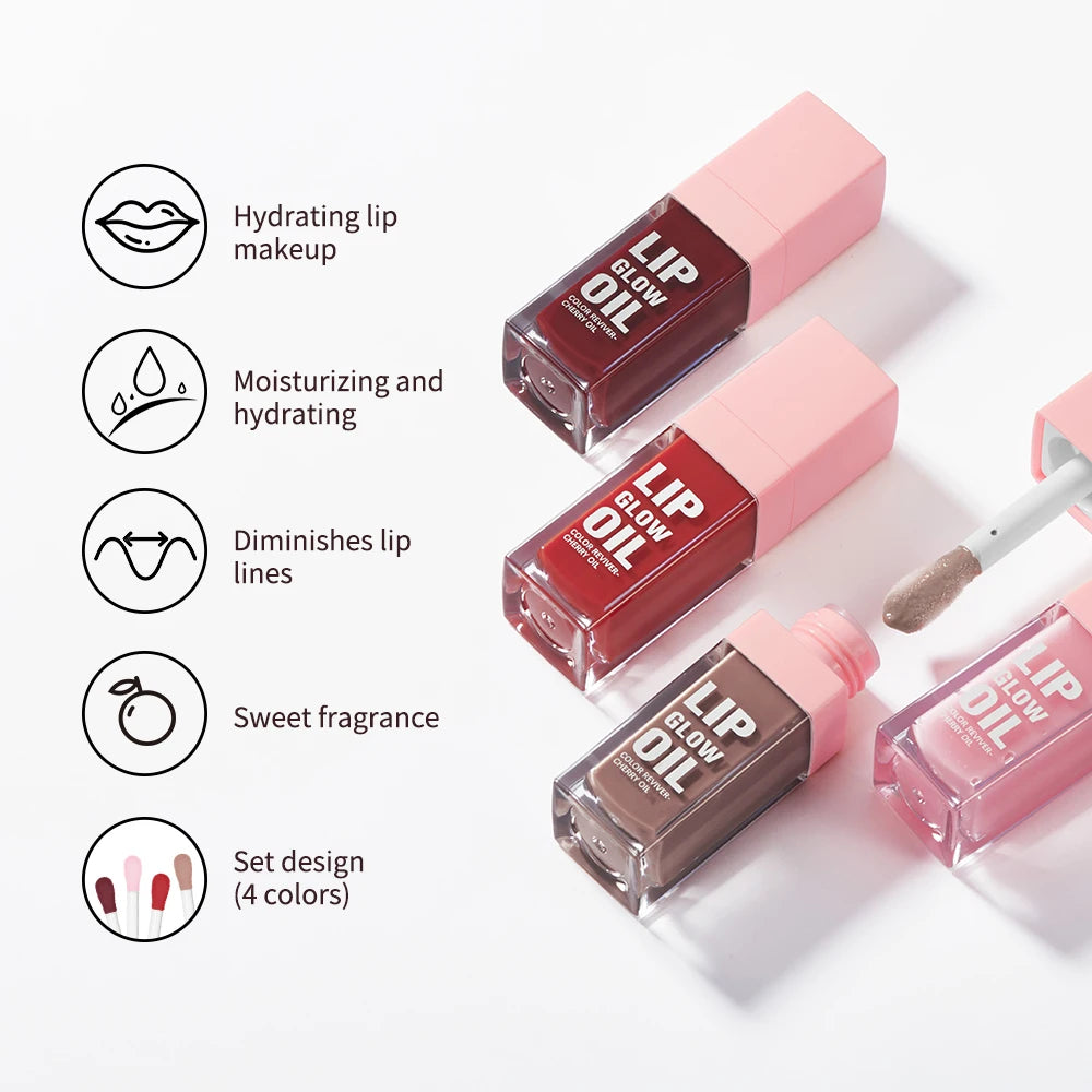 Tinted Glow Lip Oil Set – 4-Piece Jelly Lip Gloss & Balm