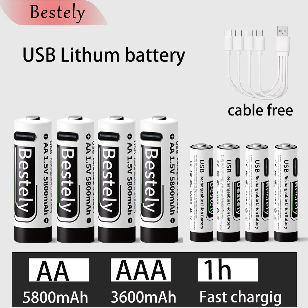 New 1.5V AA 5800mAh+AAA 3600mAh Lithium rechargeable Battery,USB Fast Charging Li-ion Battery , 2000 Cycles with USB- C Cable Oasis Select