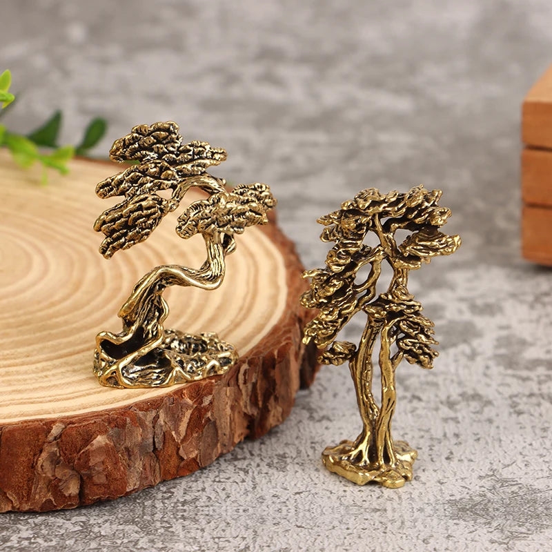1Pc Brass Mini Welcome Pine Figurine Tree Miniature Landscape Small Bonsai Tree Statues Garden Decorations Accessories Oasis Select