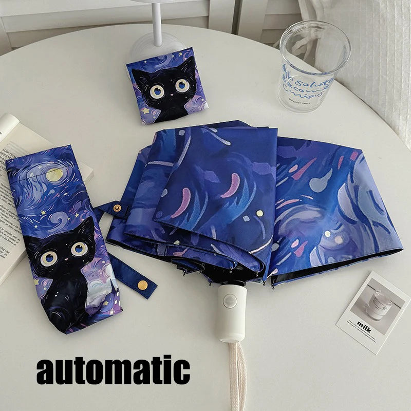 Blue Green Purple Powder Cat Cartoon Fold Umbrella Fully Automatic Umbrella Women's Dual-Purpose Sun Umbrella Portable Umbrella Oasis Select 3 automatic 8K