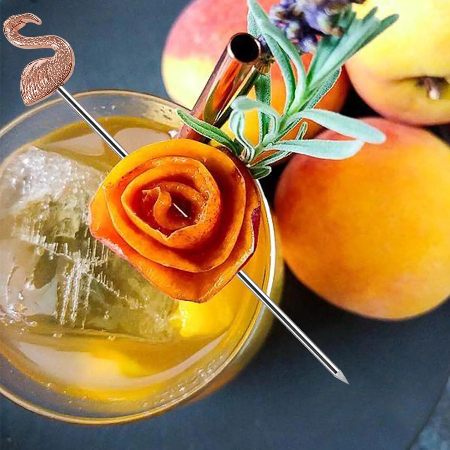 Flamingo Metal Cocktail Picks Stick - Martini Picks, Reusable Rose Gold Metal Cocktail Skewers, Sticks for Olives, Appetizers, Oasis Select