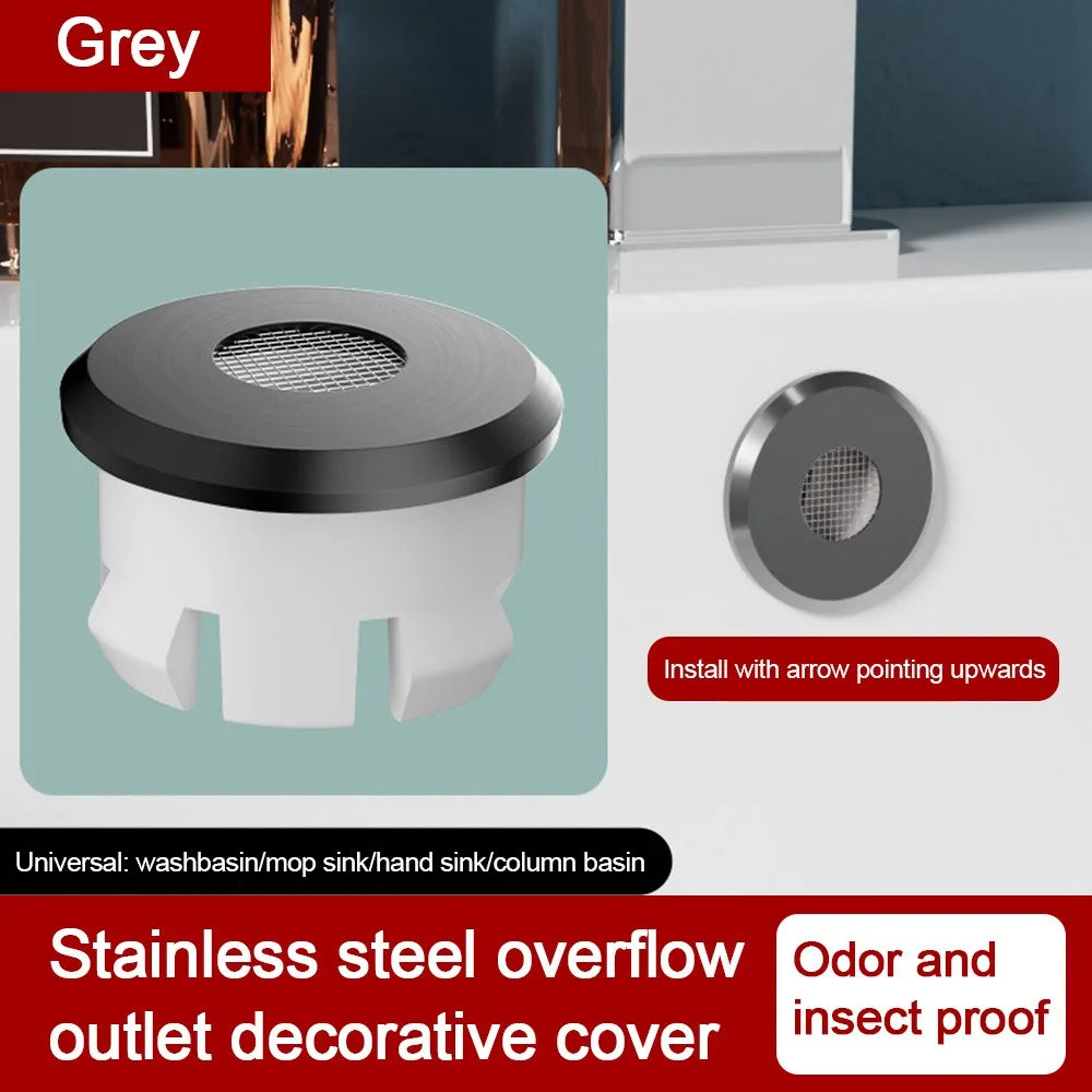 Portable Stainless Steel Sink Overflow Covers Round Replacement Sink Hole Cover Tub Drain Stopper Kitchen Bathroom Supplies Oasis Select Grey