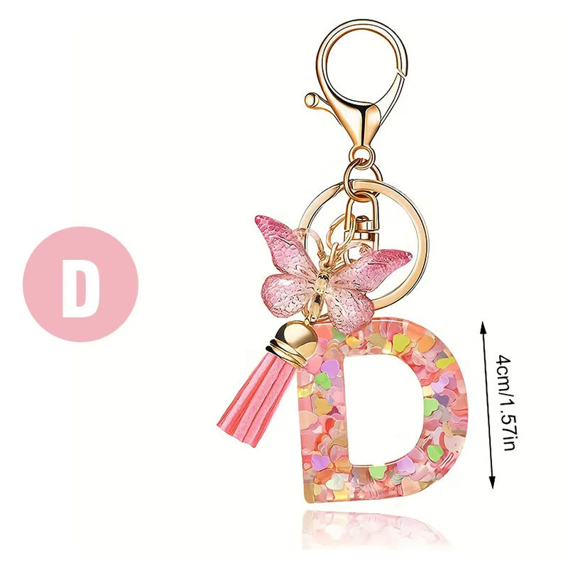 1pc Pink Glitter Letter Keychain with Heart Butterfly Tassel Crystal Resin Charm Fashion Accessory Gift for Women & Girls Oasis Select D